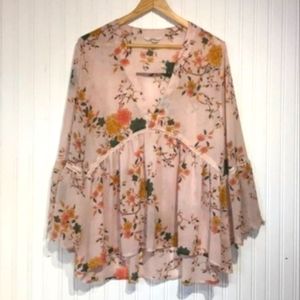Sun & Shadow Sheer Pink Floral Babydoll Blouse XL